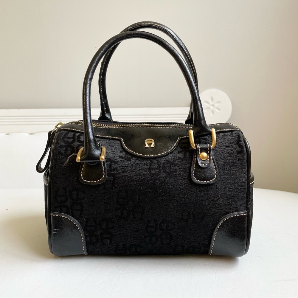 ETIENNE AIGNER BLACK MINI TOTE FAUX LEATHER JACQUARD EMBOSSED STRAPS ZIPPER